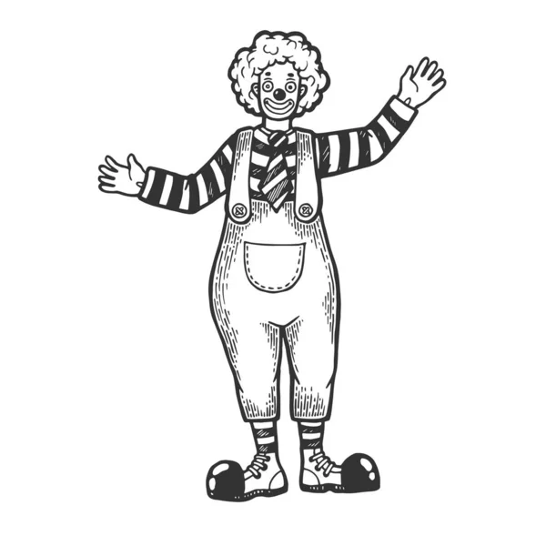 Circo clown divertente performance uomo schizzo incisione vettoriale illustrazione. Imitazione in stile gratta e vinci. Immagine disegnata a mano in bianco e nero . — Vettoriale Stock