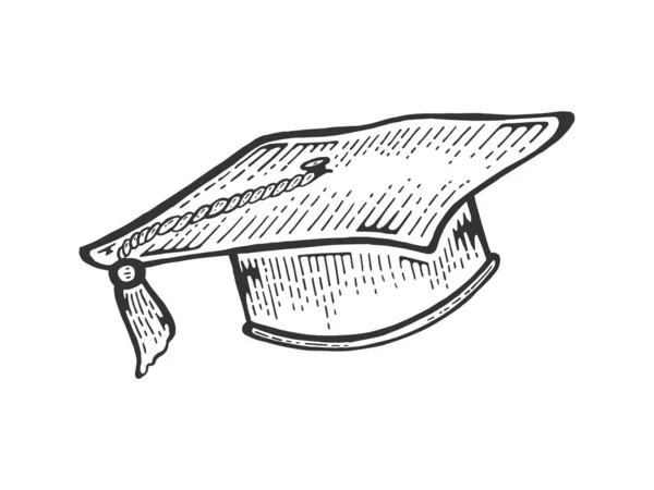 Desenho de boné acadêmico quadrado gravura vetor ilustração. Imitação de estilo Scratch board. Imagem desenhada à mão preto e branco . — Vetor de Stock