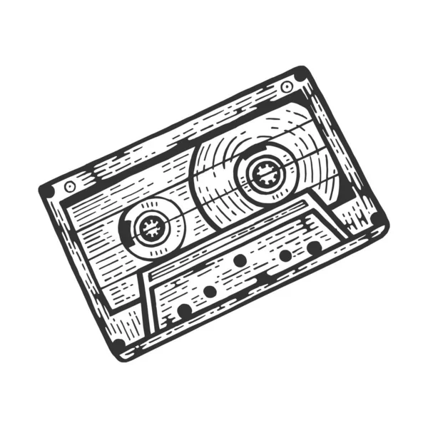 Compacte audio cassette tape schets gravure vector illustratie. Imitatie van Scratch board stijl. Zwart-wit hand getekende afbeelding. — Stockvector