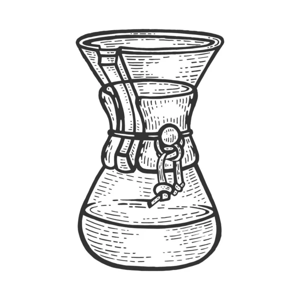 Chemex Coffeemaker çizim gravür vektör illüstrasyon. Scratch tahta tarzı taklit. Siyah beyaz elle çizilmiş görüntü. — Stok Vektör