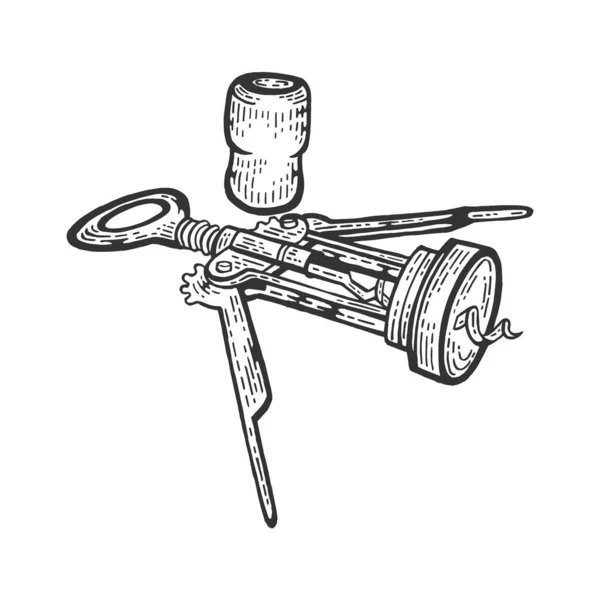 Sacacorchos y corcho de vino boceto grabado vector ilustración. Scratch board estilo imitación. Imagen dibujada a mano en blanco y negro . — Vector de stock