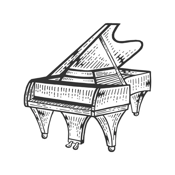Kuyruklu piyano yaylı çalgı kroki gravür vektör illüstrasyon. Scratch tahta tarzı taklit. Siyah beyaz elle çizilmiş görüntü. — Stok Vektör