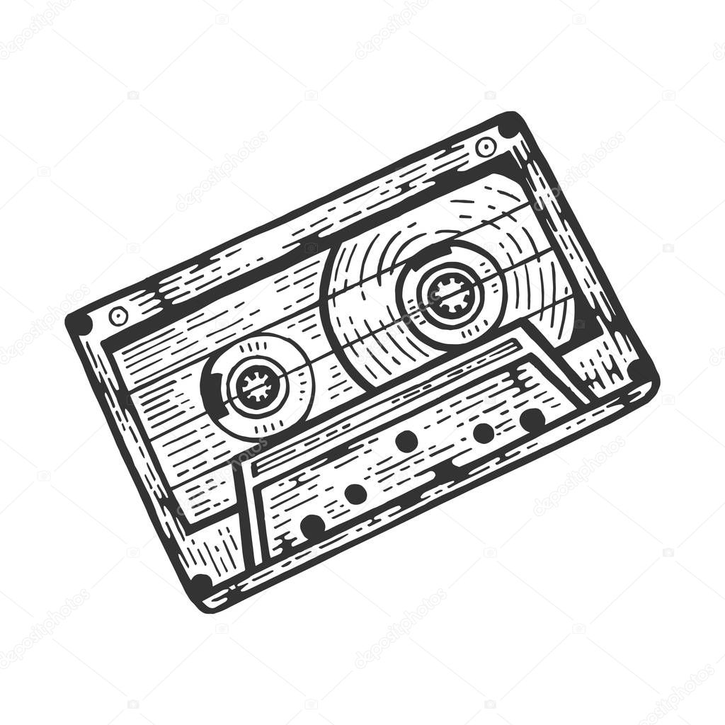 Compact Audio Cassette tape sketch engraving vector illustration. Scratch board style imitation. Black and white hand drawn image.