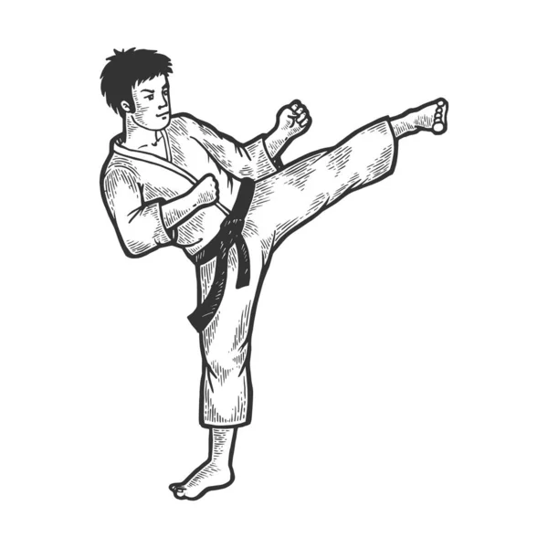 Karate idrottare sparka fot upp på huvudet området skiss gravyr vektor illustration. Scratch Board stil imitation. Svart och vit handritad bild. — Stock vektor