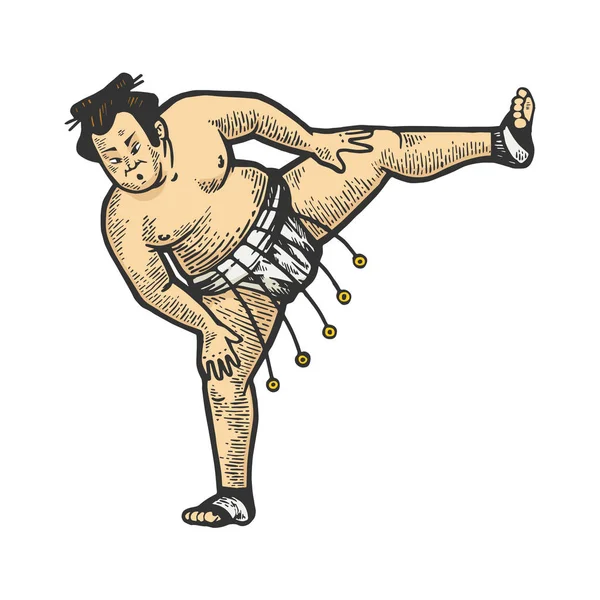 Sumo japonský zápasník sportovec barevný nákres vyryté vektorovou ilustraci. Napodobení stylu pomocné desky. Obrázek nakreslený Černobíle-bílá ruka. — Stockový vektor