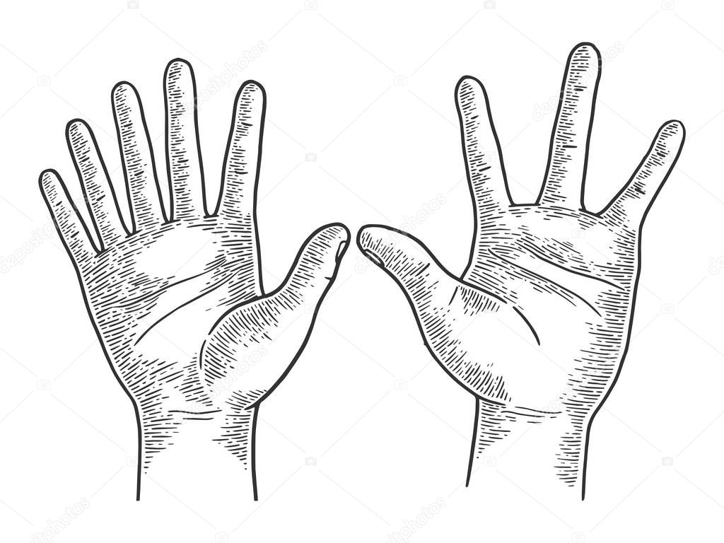 Unusual hands with six and four fingers sketch engraving vector illustration. Scratch board style imitation. Black and white hand drawn image.