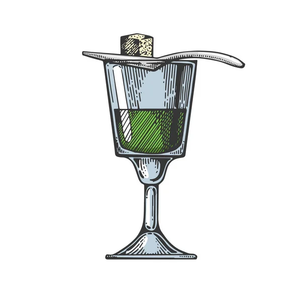 Абсент алкоголю наркотичний напій кольоровий ескіз гравіювання Векторні ілюстрації. Імітація стилю подряпини дошки. Чорно-біле намальоване зображення руки . — стоковий вектор