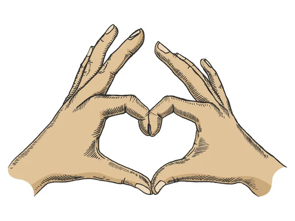 Mãos fazendo coração sinal cor esboço gravura vetor ilustração. Imitação de estilo Scratch board. Imagem desenhada à mão . —  Vetores de Stock