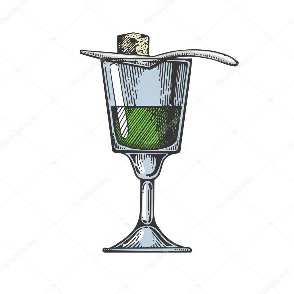 Absinthe alcohol narcotic drink color sketch engraving vector illustration. Scratch board style imitation. Black and white hand drawn image.