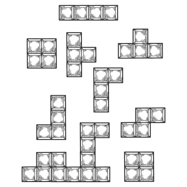 Gioco puzzle caduta blocchi schizzo incisione vettoriale illustrazione. Imitazione in stile gratta e vinci. Immagine disegnata a mano . — Vettoriale Stock