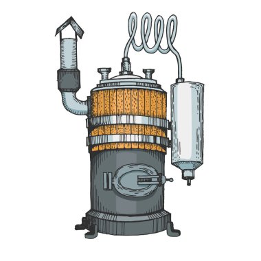 Alcohol distilling machine color sketch line art engraving vector illustration. Moonshine. Scratch board style imitation. Hand drawn image. clipart