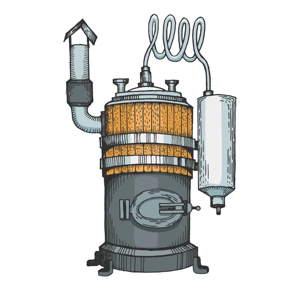 Alcol distillazione macchina colore abbozzo linea arte incisione vettoriale illustrazione. Moonshine. Imitazione in stile gratta e vinci. Immagine disegnata a mano . — Vettoriale Stock