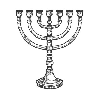 Menorah antik İbranice lampstand din sembolü çizgi sanat skeç gravür vektör illüstrasyon. Scratch tahta tarzı taklit. Elle çizilmiş görüntü.