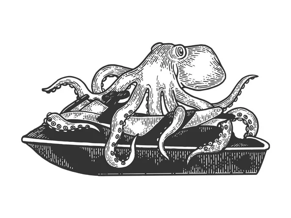 Oktopus auf Jetski Wasserfahrrad Skizze Gravur Vektorillustration. Scratch-Board-Imitat. Handgezeichnetes Schwarz-Weiß-Bild. — Stockvektor