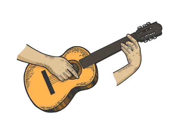 Manos tocando la guitarra acústica instrumento de cuerda color boceto línea arte grabado vector ilustración. Scratch board estilo imitación. Imagen dibujada a mano en blanco y negro . — Archivo Imágenes Vectoriales
