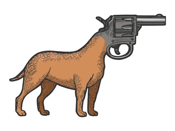 Revólver pistola perro cabeza color boceto línea arte grabado vector ilustración. Scratch board estilo imitación. Imagen dibujada a mano en blanco y negro . — Archivo Imágenes Vectoriales