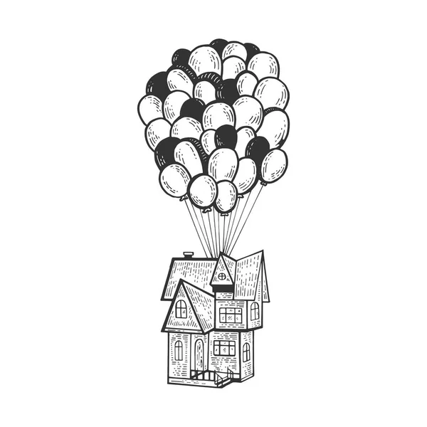 Fantastiska fantastiska hus flyger på Luftballonger skiss linje konst gravering vektor illustration. Scratch Board stil imitation. Svart och vit handritad bild. — Stock vektor