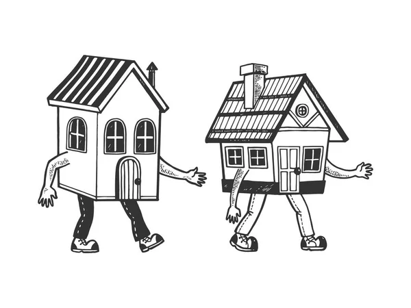 Maisons marchant sur ses pieds croquis ligne art gravure vectoriel illustration. Imitation de style scratch board. Image dessinée à la main noir et blanc . — Image vectorielle