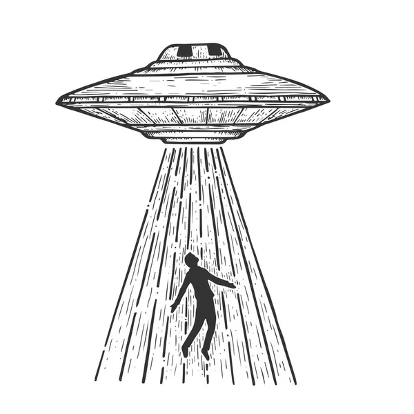 UFO repülő csészealj elrabul emberi személy vázlat vonal Art gravírozás vektoros illusztráció. Scratch Board stílus utánzat. Kézzel rajzolt kép fekete-fehér. — Stock Vector
