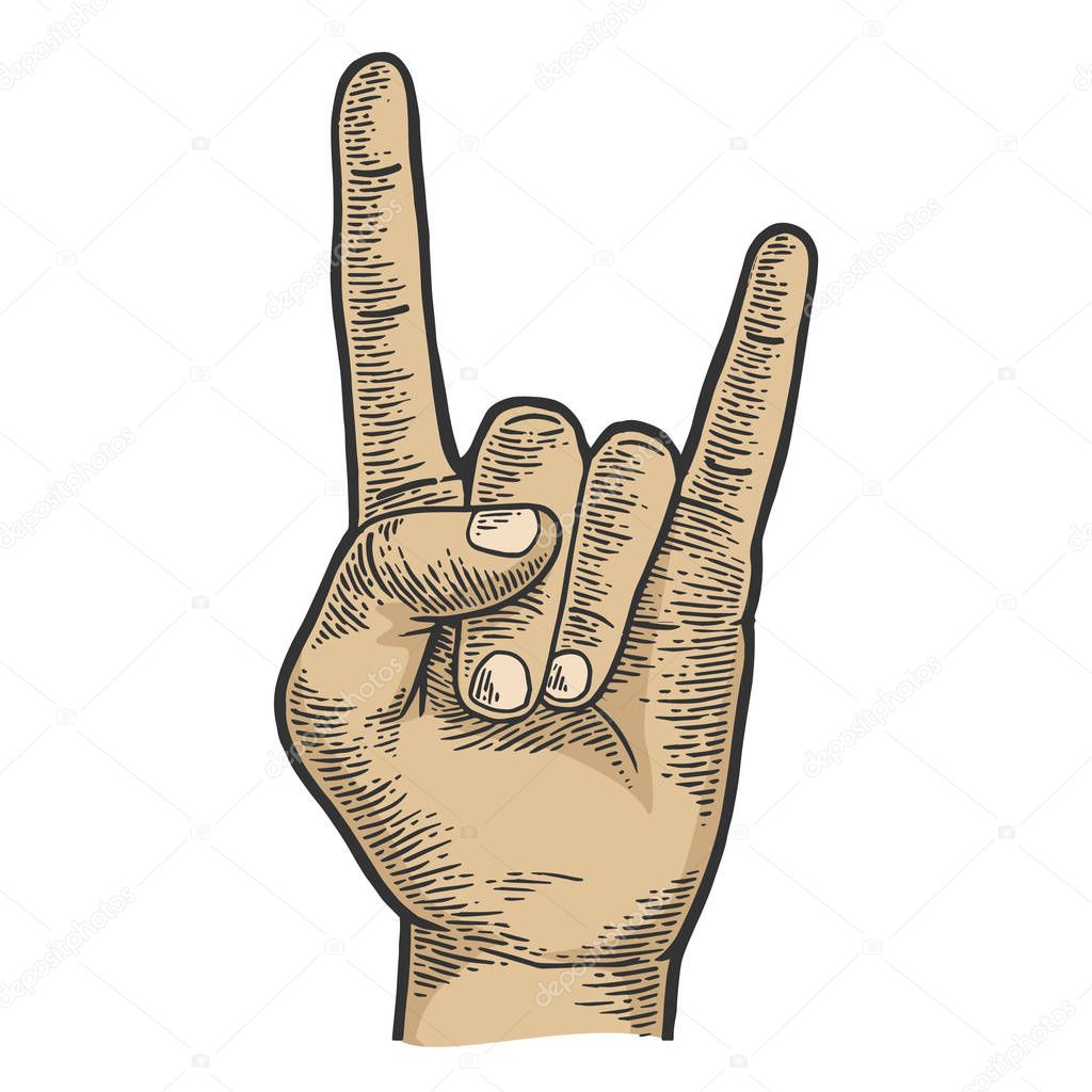 Sign of horns rock heavy metal hand gesture color sketch line art engraving vector illustration. Scratch board style imitation. Hand drawn image.