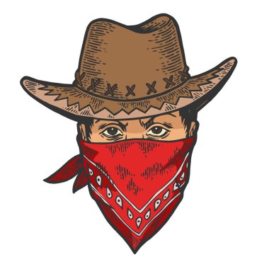 Haydut gangster maskesi bandana renkli skeç çizgi sanat gravür vektör illüstrasyon Kovboy kafa. Scratch tahta tarzı taklit. Elle çizilmiş görüntü.