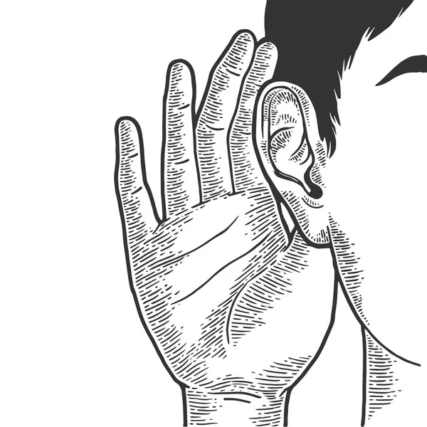 Daha iyi çizim hattı resim gravür vektör illüstrasyon duymak için kulak yakın el. Scratch tahta tarzı taklit. Siyah beyaz elle çizilmiş görüntü.