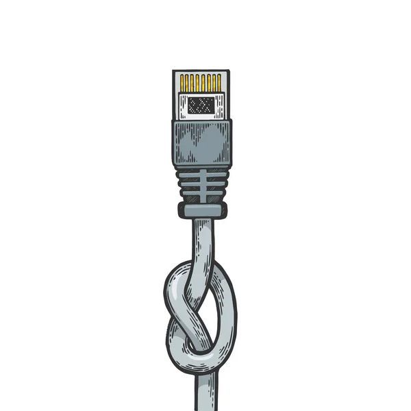 Noeud bloqué Ethernet Internet locale net câble métaphore couleur croquis ligne art gravure vectoriel illustration. Imitation de style scratch board. Image dessinée à la main . — Image vectorielle