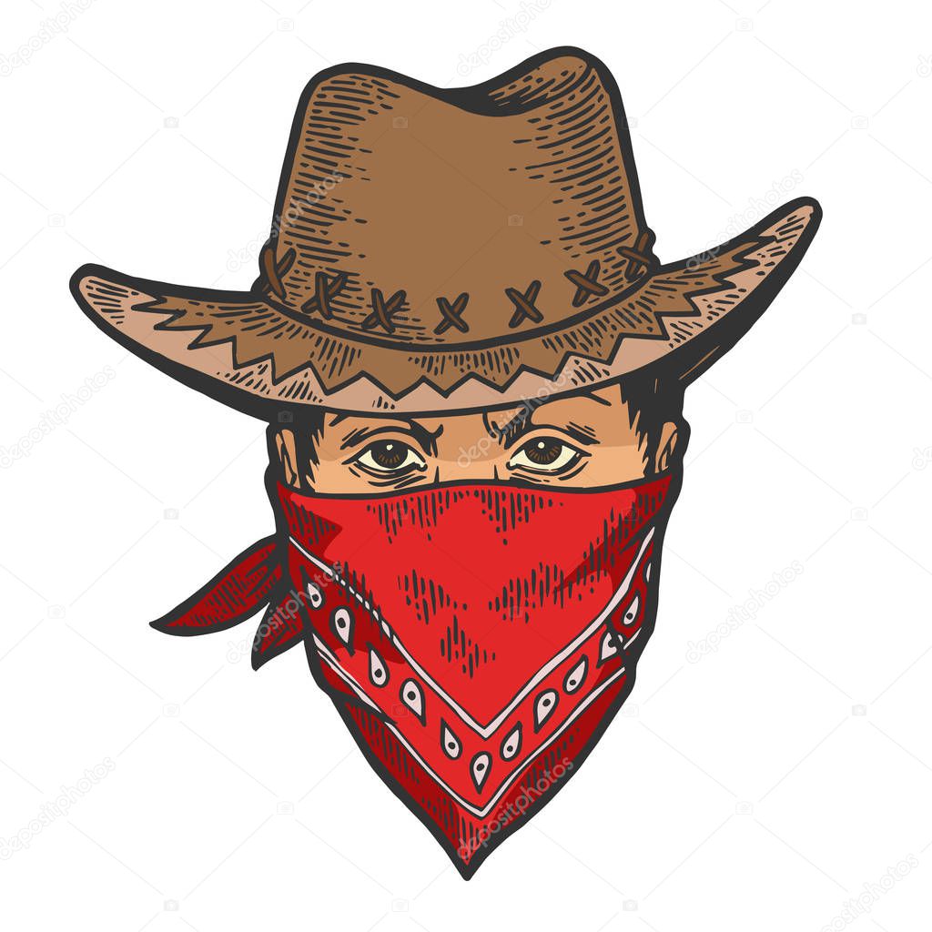 Cowboy head in bandit gangster mask bandana color sketch line art engraving vector illustration. Scratch board style imitation. Hand drawn image.