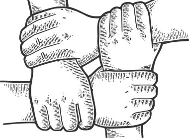 Dört el düğüm çizim oyma vektör illüstrasyon. Scratch tahta tarzı taklit. Siyah beyaz elle çizilmiş görüntü.