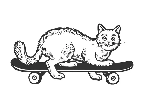 Paseo doméstico gato mascota en skateboard boceto grabado vector ilustración. Scratch board estilo imitación. Imagen dibujada a mano en blanco y negro . — Vector de stock