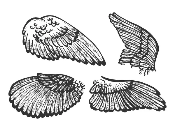 Vogel engel vleugels instellen schets gravure vector illustratie. Imitatie van Scratch board stijl. Zwart-wit hand getekende afbeelding. — Stockvector