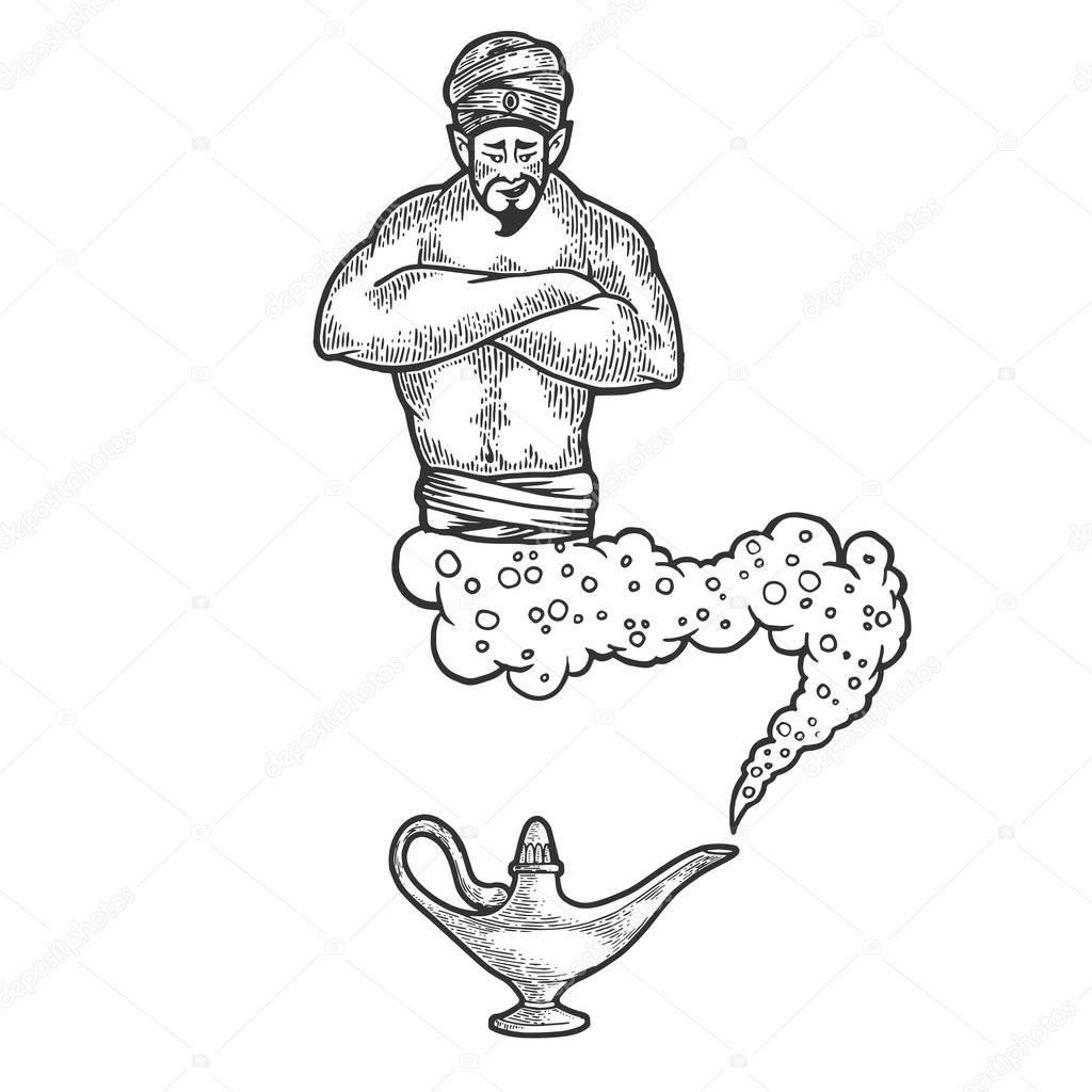 Magical fabulous genie Djinn out of magic lantern sketch line art engraving vector illustration. Scratch board style imitation. Black and white hand drawn image.