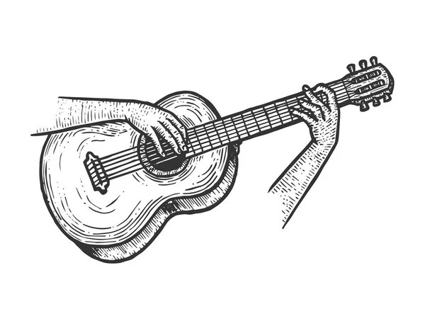 Tangan bermain senar akustik Sketsa instrumen gitar ukiran gambar vektor. Peniruan gaya papan gores. Citra gambar tangan hitam dan putih . - Stok Vektor