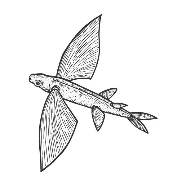 Fliegende Fische Tier Skizze Gravur Vektor Illustration. Scratch-Board-Imitat. Handgezeichnetes Schwarz-Weiß-Bild. — Stockvektor