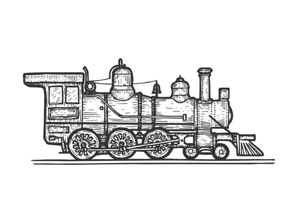 Vieja locomotora de vapor tren transporte boceto línea arte grabado vector ilustración. Scratch board estilo imitación. Imagen dibujada a mano en blanco y negro . — Vector de stock