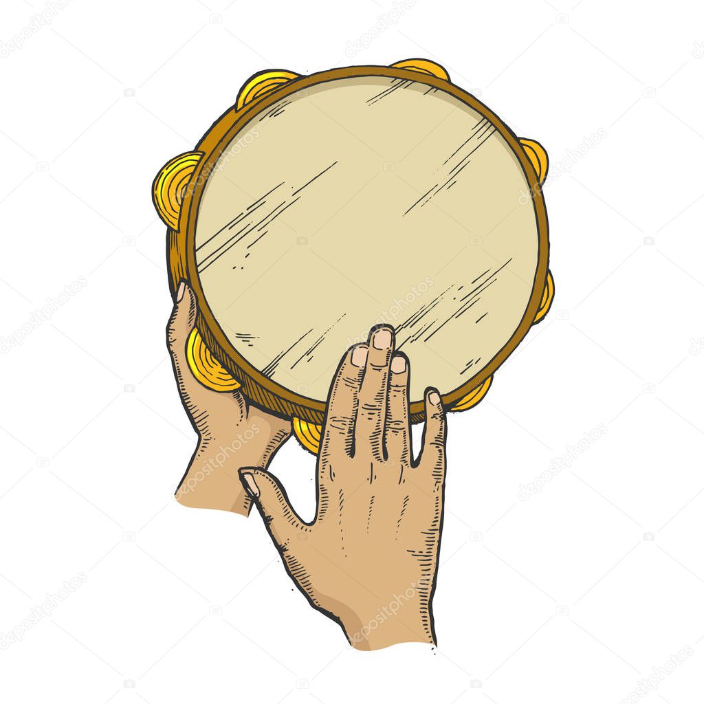 Hands with tambourine color sketch engraving vector illustration. Scratch board style imitation. Hand drawn image.