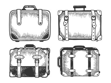 Bavul seyahat çantası bagaj seti kroki gravür vektör illüstrasyon. Scratch tahta tarzı taklit. Siyah beyaz elle çizilmiş görüntü.
