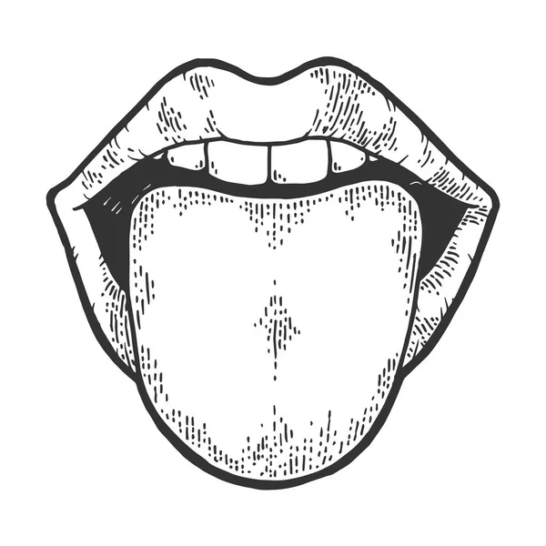 Zunge, die aus dem Mund Skizze Gravur Vektor Illustration zeigt. Scratch-Board-Imitat. Handgezeichnetes Schwarz-Weiß-Bild. — Stockvektor