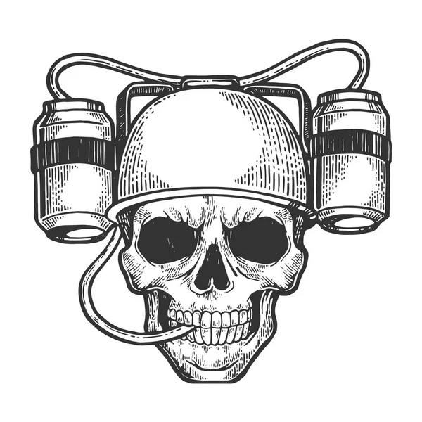 Crâne humain en bière soda casque buveur croquis gravure vectoriel illustration. Imitation de style scratch board. Image dessinée à la main . — Image vectorielle