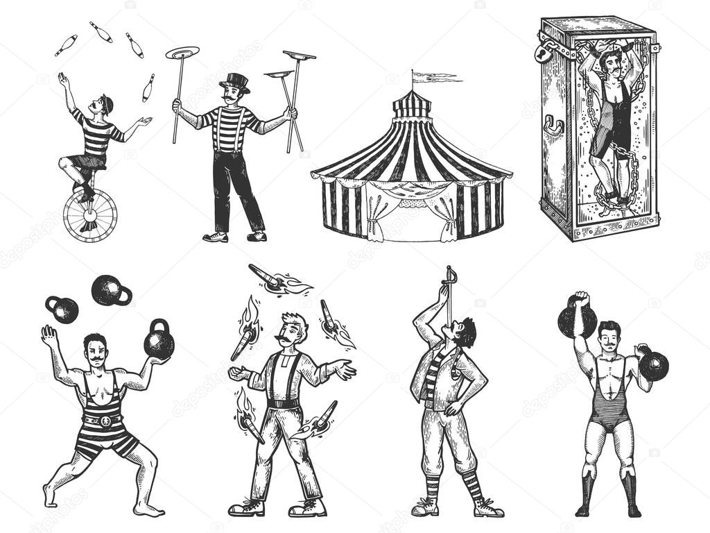 Retro circus performance set sketch vector illustration. Old hand drawn engraving imitation. Human and animals vintage drawings