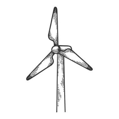 Rüzgar türbini enerji santrali yenilenebilir enerji endüstriyel teknoloji kabartma vektör çizimi. Tahta sitili taklit. El çizimi resim.