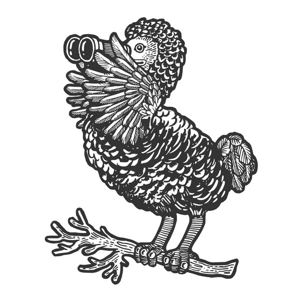 Kreskówka Dodo ptak oglądanie przez lornetka szkic Grawerowanie wektor ilustracji. Imitacja stylu deski. Ręcznie rysowany obraz. — Wektor stockowy
