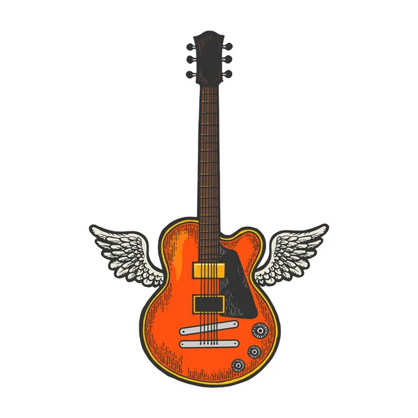 Flying Electric guitar with wings color sketch engraving vector illustration. Scratch board style imitation. Black and white hand drawn image. — Stock Vector