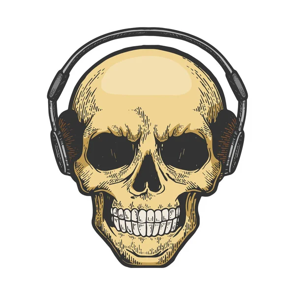 Crânio humano ouve música em fones de ouvido cor esboço gravura vetor ilustração. Imitação de estilo Scratch board. Imagem desenhada à mão . —  Vetores de Stock