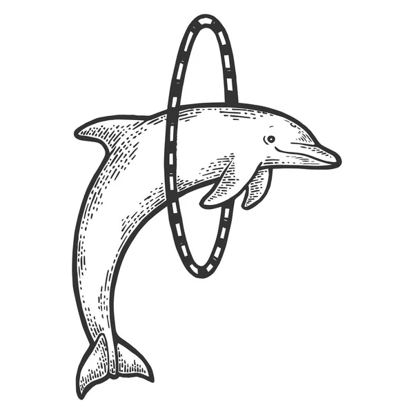 Circus dolfijn springen door ring schets gravure vector illustratie. Imitatie van Scratch board stijl. Hand getekende afbeelding. — Stockvector