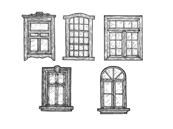 House wooden old windows sketch engraving vector illustration. Scratch board style imitation. Black and white hand drawn image. — Stock Vector