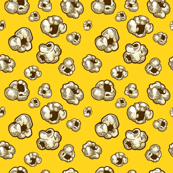 Obrázek z popcornu, který je vyrytý do bezproblémové struktury na žlutém pozadí obrázku. Napodobení stylu pomocné desky. Obrázek nakreslený Černobíle-bílá ruka. — Stockový vektor