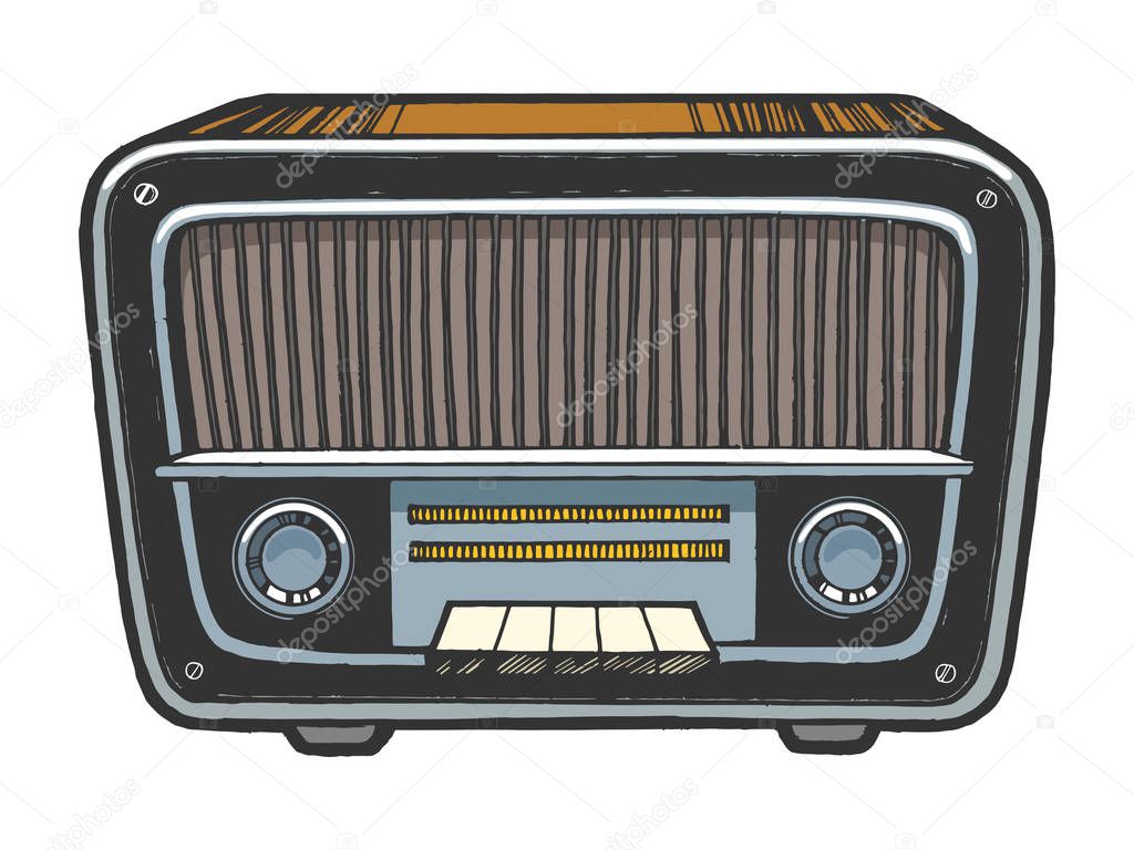 Old vintage radio receiver device color sketch engraving vector illustration. Scratch board style imitation. Black and white hand drawn image.
