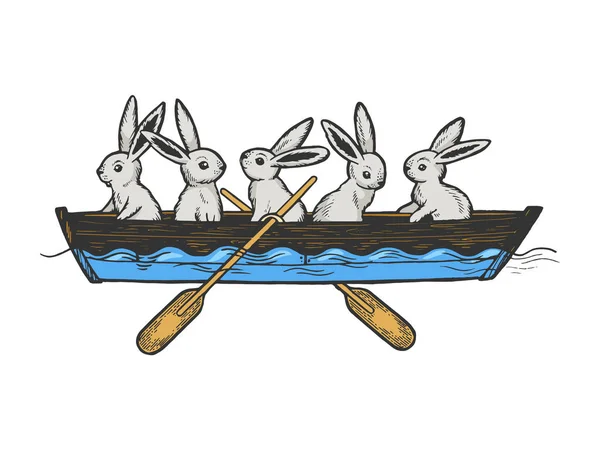 Lebre coelho animais em barco cor esboço gravura vetor ilustração. Imitação de estilo Scratch board. Imagem desenhada à mão preto e branco . — Vetor de Stock