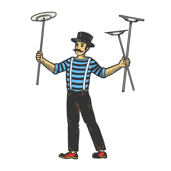 Plaques d'équilibrage jongleur cirque sur bâtons représentation croquis couleur gravure vectorielle illustration. Imitation de style scratch board. Image dessinée à la main noir et blanc . — Image vectorielle
